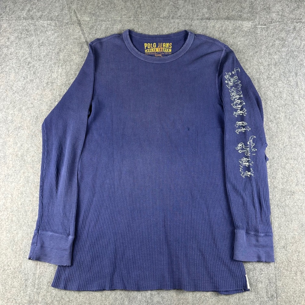 VTG Polo Jeans Ralph Lauren Mens Blue Waffle Knit Long Sleeve Shirt Thermal RARE